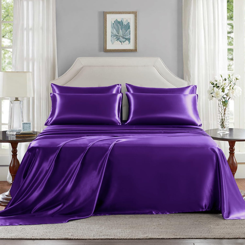 Golal Satin Sheets Queen Size - 6 Pieces Luxury Silky Soft Bed Sheets, Wrinkle-Free Dark Purple Satin Silk Sheet Set with 1 Deep Pocket Fit…
