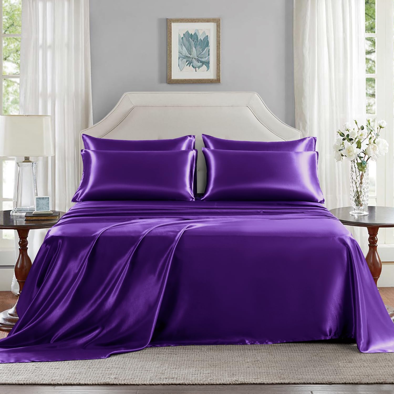 Golal Satin Sheets Queen Size - 6 Pieces Luxury Silky Soft Bed Sheets, Wrinkle-Free Dark Purple Satin Silk Sheet Set with 1 Deep Pocket Fit…