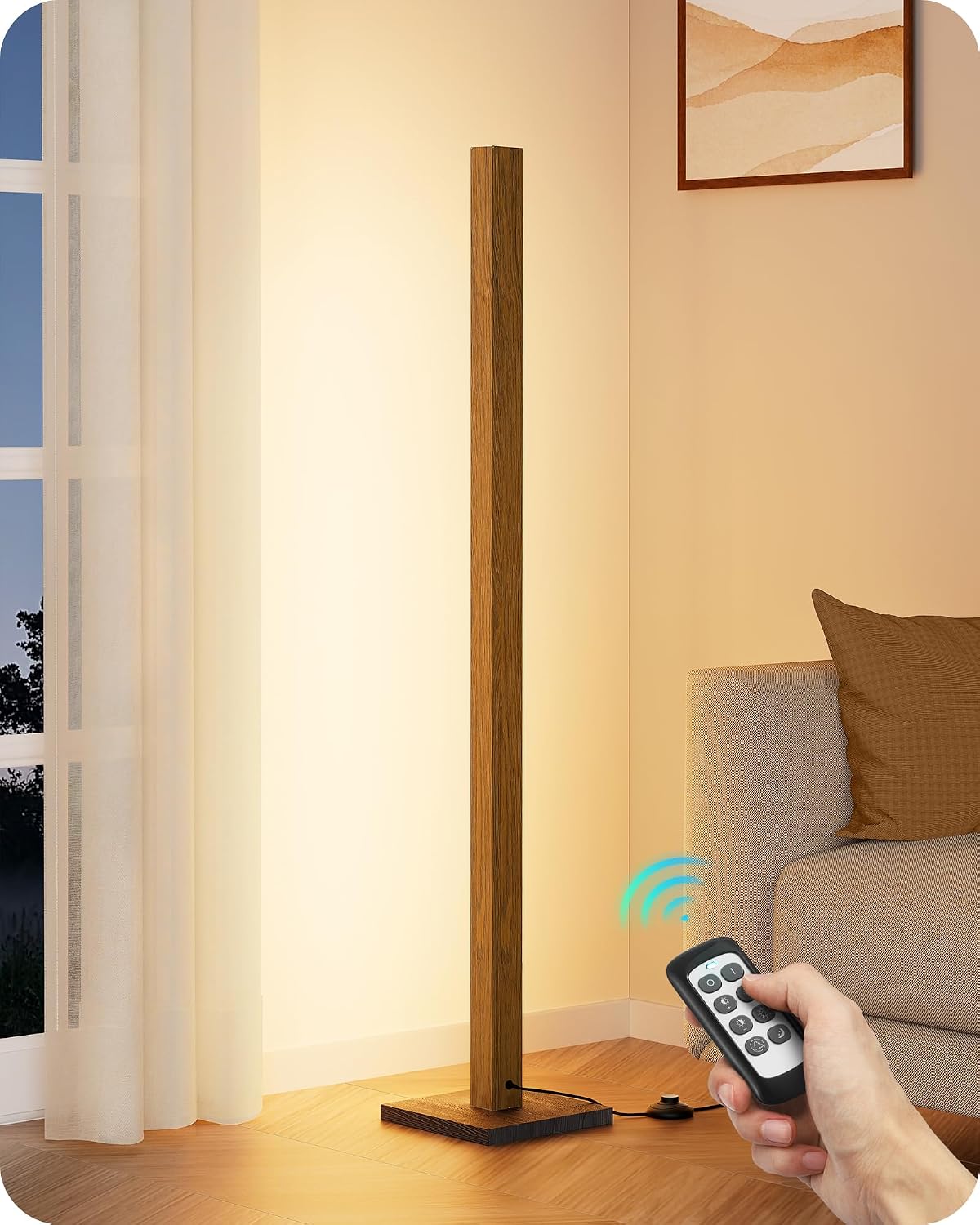 Edishine Mid Century Modern Floor Lamp with Remote, Dimmable Wood LED Corner Lamp, Minimalist Standing Mood Lighting for Living Room, Bedro…