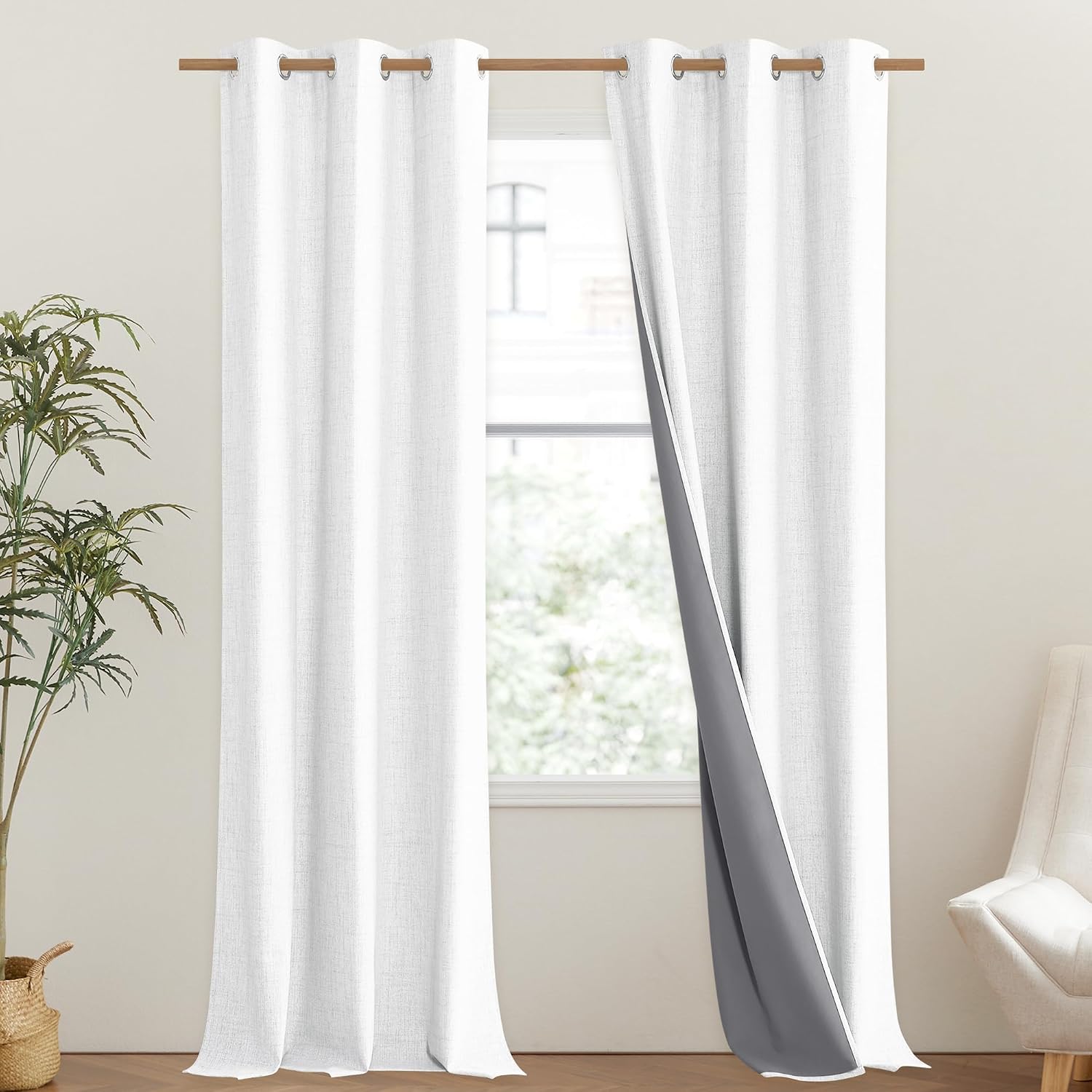 NICETOWN 100% Absolutely Blackout Linen Curtains with Thermal Insulated Liner, Greyish White, 52" Wide, 102" Length Energy Saving…