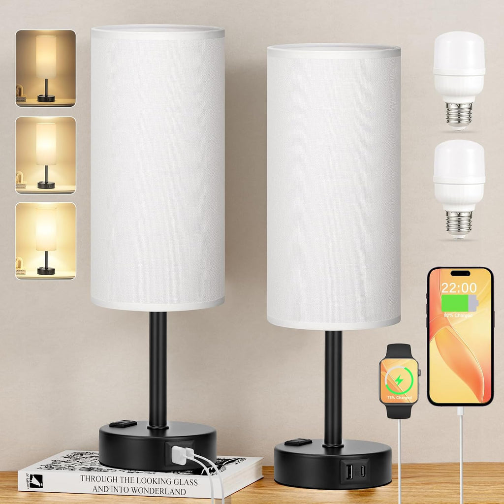 PartageiZ White Bedroom Lamps Set of 2-3 Way Dimmable Touch Table Lamps with USB C and A Ports, Bedside Lamps for Nightstand with AC…