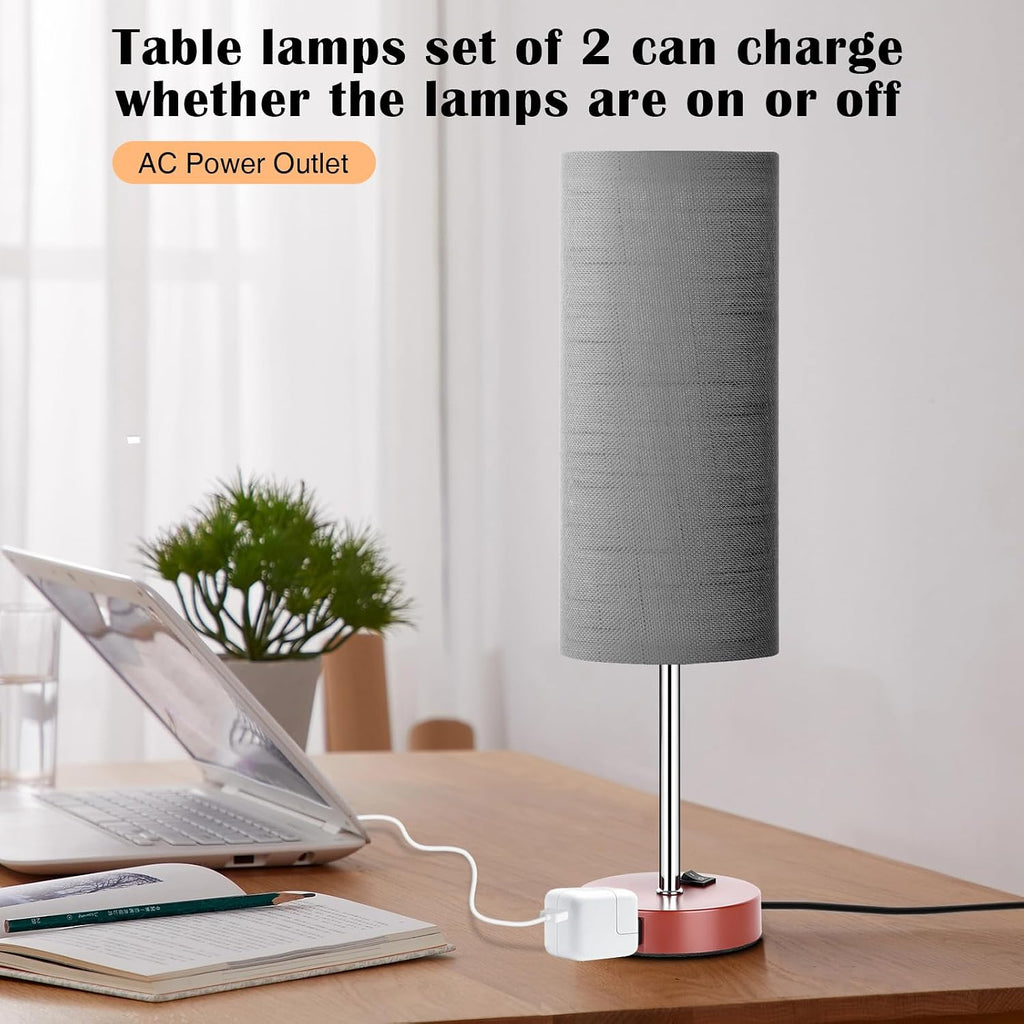 ZJOJO Table Lamp for Bedroom 2 Pack,18in Bedside Lamps with 3 Way Dimmable Rocker Switch & AC Outlet, Nightstand Desk Lamp with Gray…