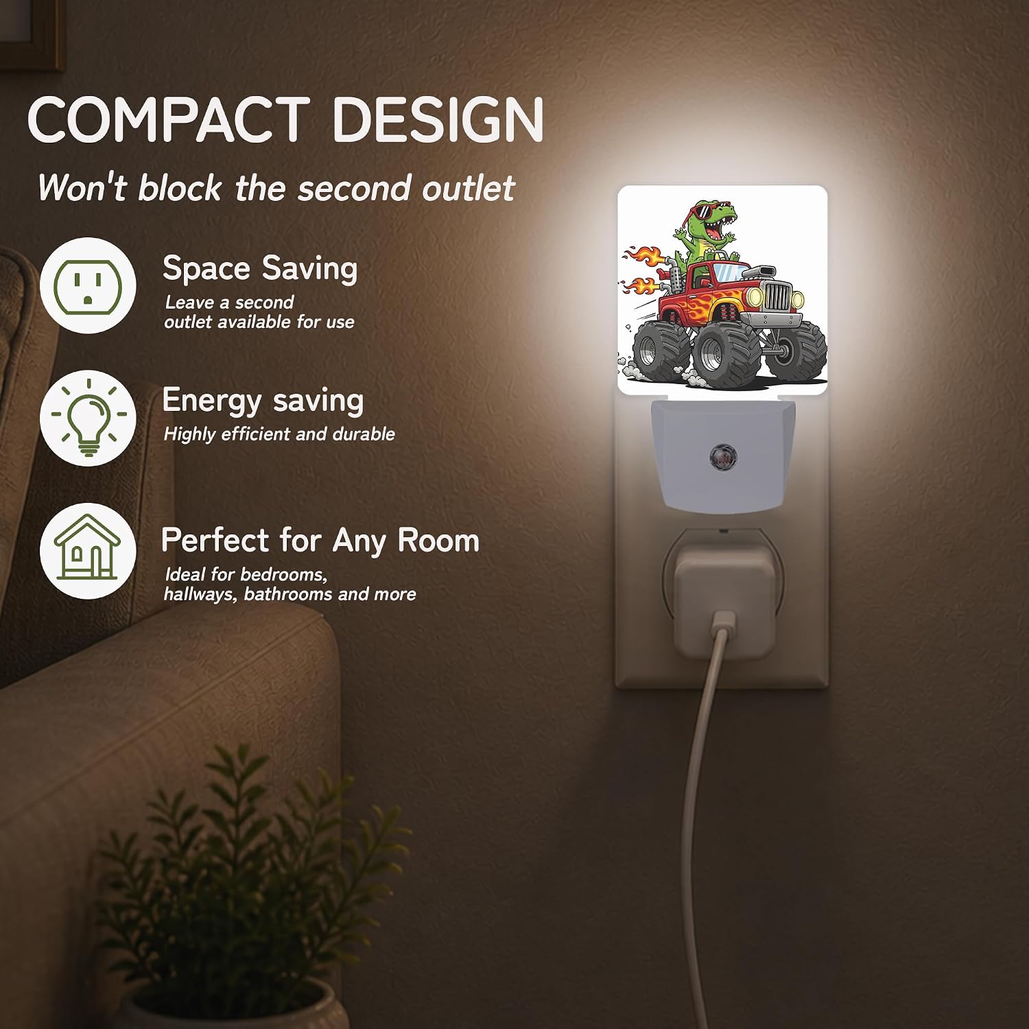 Night Light, Dinosaur Truck Night Lights Plug into Wall Decor for Bedroom Bathroom Hallway Kitchen, Dusk to Dawn Sensor Gift for Women…