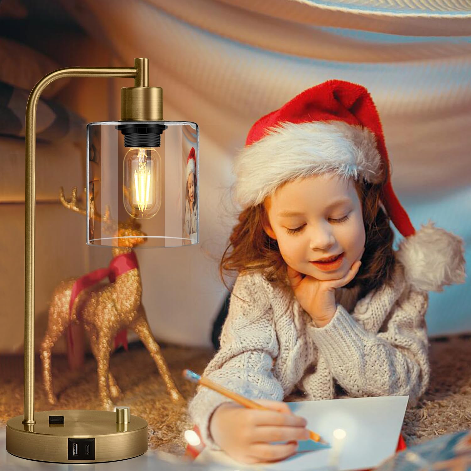Lynnoland Set of 2 Industrial Table Lamps with USB C+A Ports and Outlet, Brass Fully Stepless Dimmable Bedside Lamps, Nightstand Lamps…