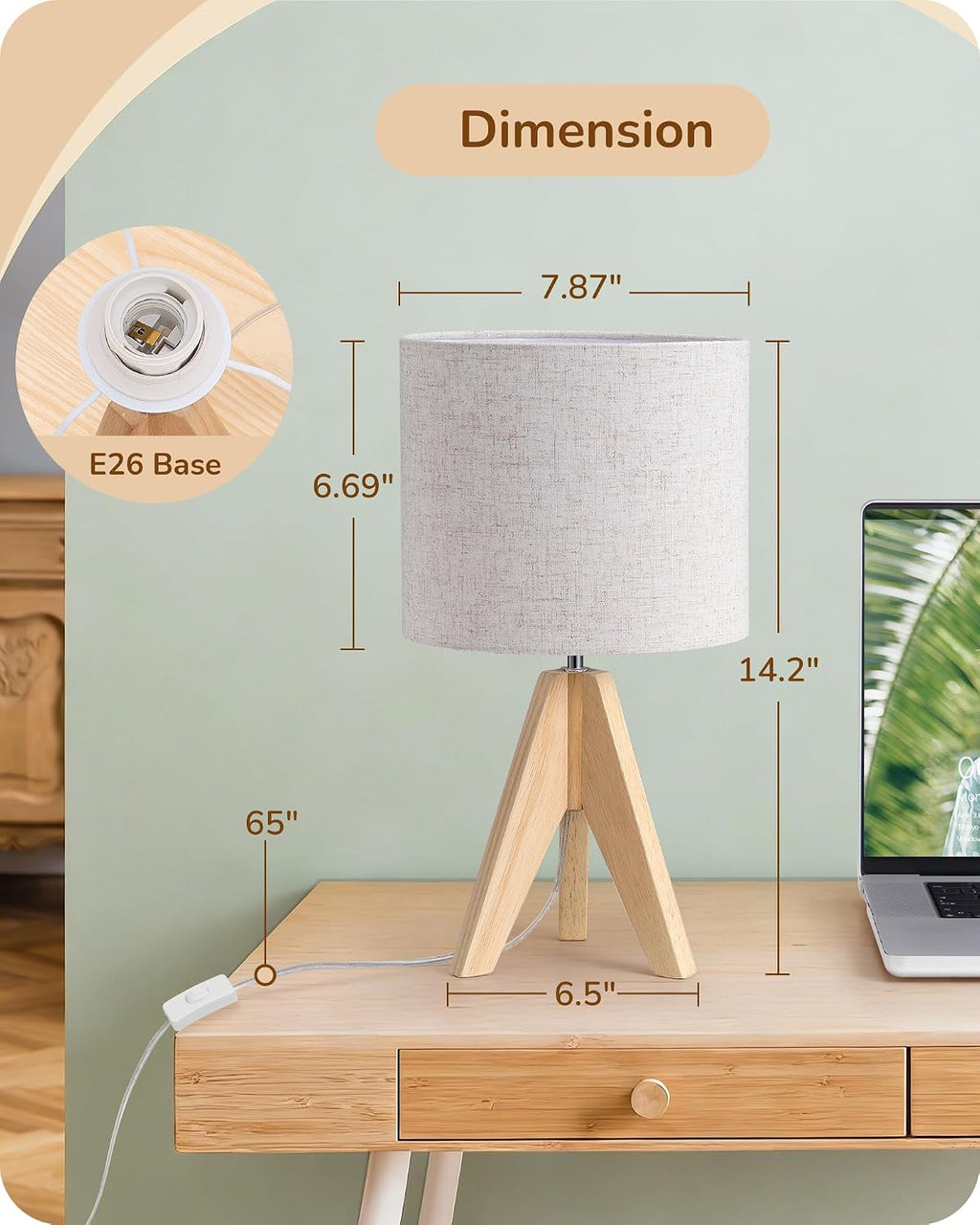 EDISHINE Small Table Lamp, Boho Bedside Lamp with Linen Fabric Shade, Wood Tripod Nightstand Lamp for Nursery, Living Room, Bedroom…