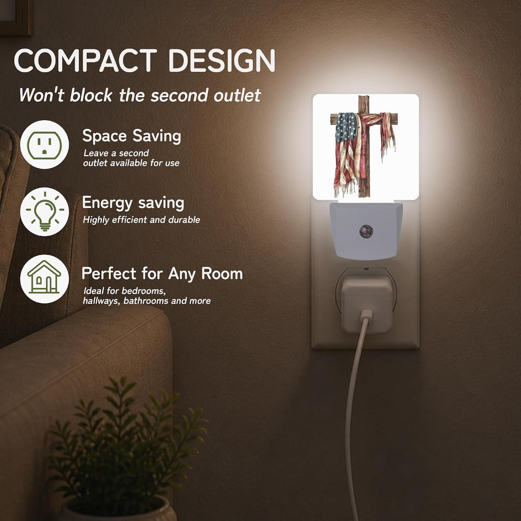 Patriotic Rustic Cross Night Lights Plug into Wall, Night Light for Bedroom Bathroom Hallway Kitchen, Auto Dusk to Dawn Sensor Decorative…