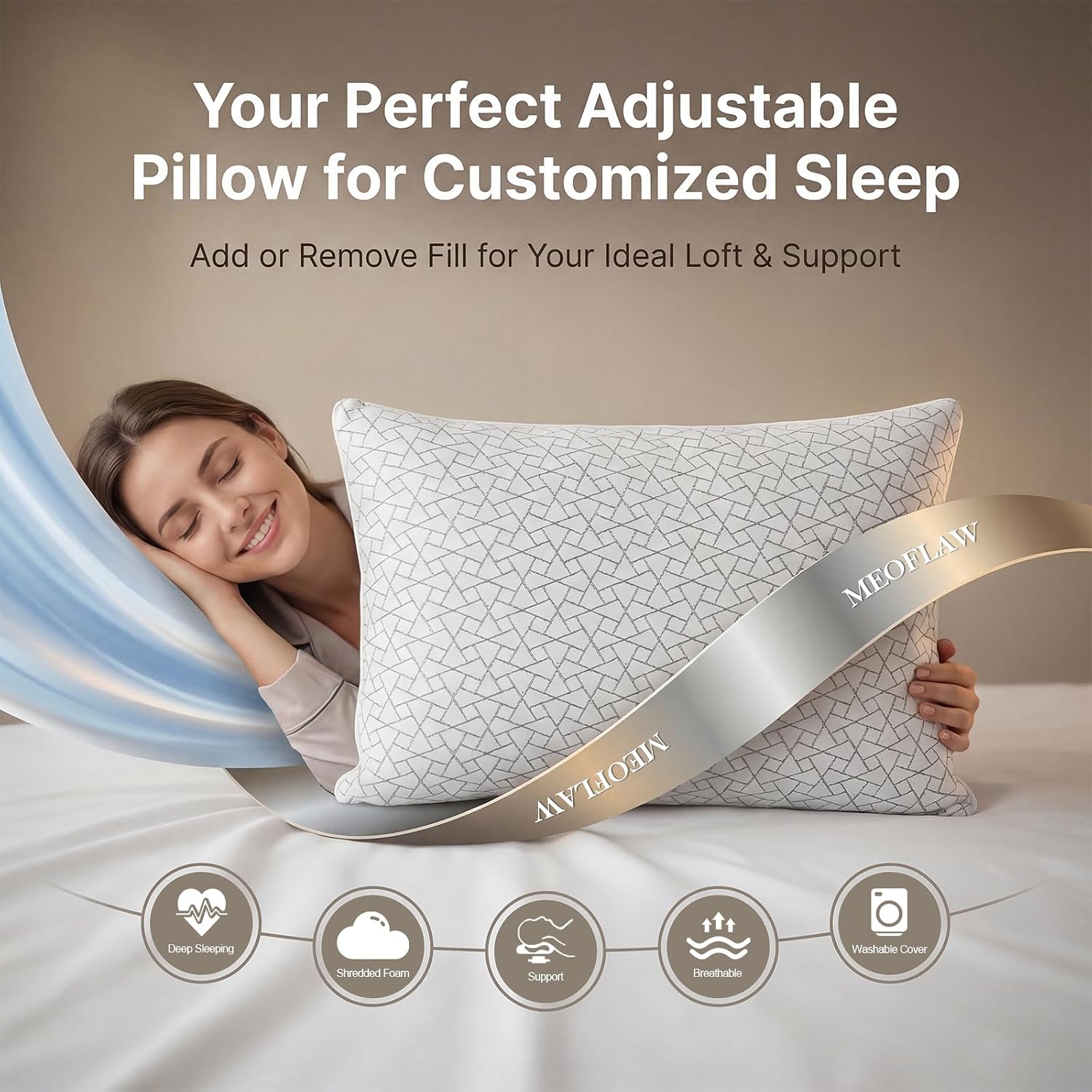 Meoflaw Adjustable Memory Foam Pillows: 2 Pack Queen Size Shredded Foam Bed Pillow for Sleeping with Removable & Washable Pillowcase for Al…