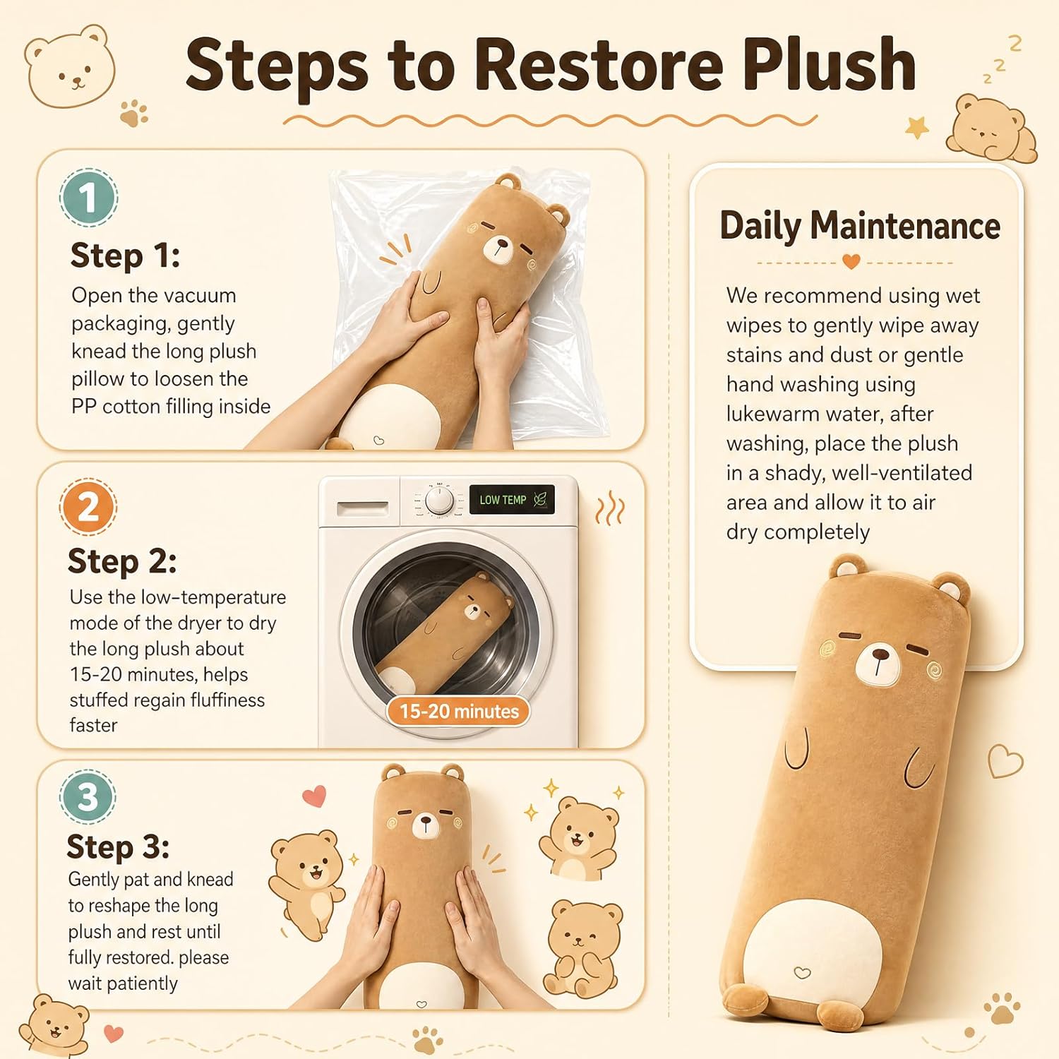 Long Plush Cute Body Pillows 39" Cuddle Stuffed Animal Shaped Bed Body Pillows Soft Cotton Plushies Doll Toy Gifts (Bear, 39 Inch)