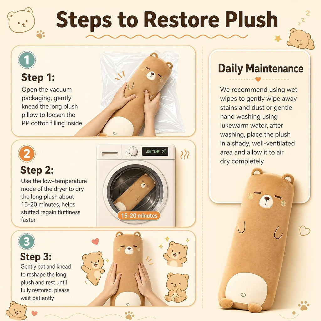 Long Plush Cute Body Pillows 27" Cuddle Stuffed Animal Shaped Bed Body Pillows Soft Cotton Plushies Doll Toy Gifts (Bear, 27 Inch)