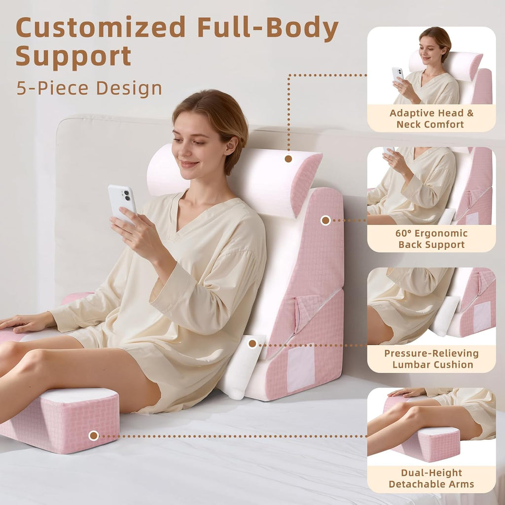 Esuerdo 5PCS Reading Pillow for Sitting in Bed Adult, 2 in 1 Foldable Back Wedge Pillow for Sleep, Ergonomic Back Support Pillow with Arms…