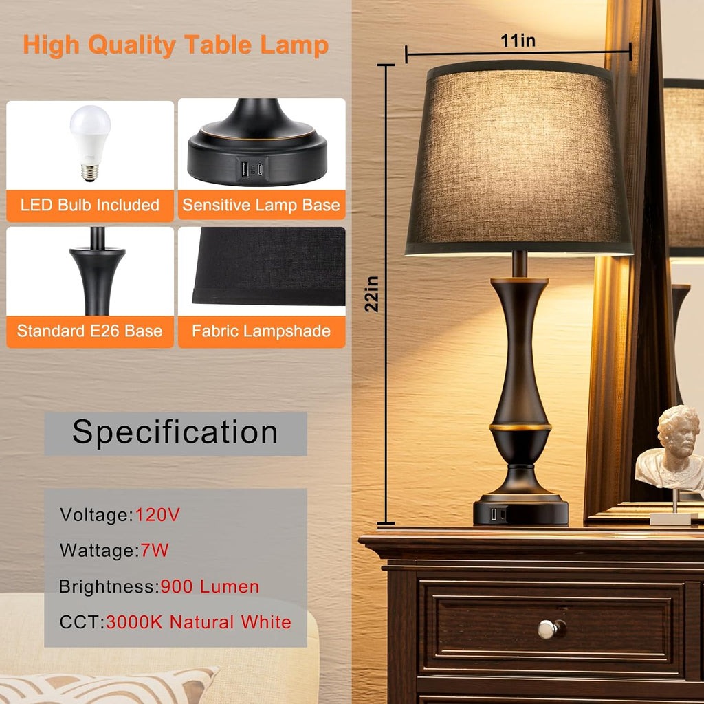 Seealle Upgraded Touch Lamps for Night Stands Set of 2 - Bedside Lamps with USB C+A, 3 Way Dimmable for Bedroom Living Room End Tables…