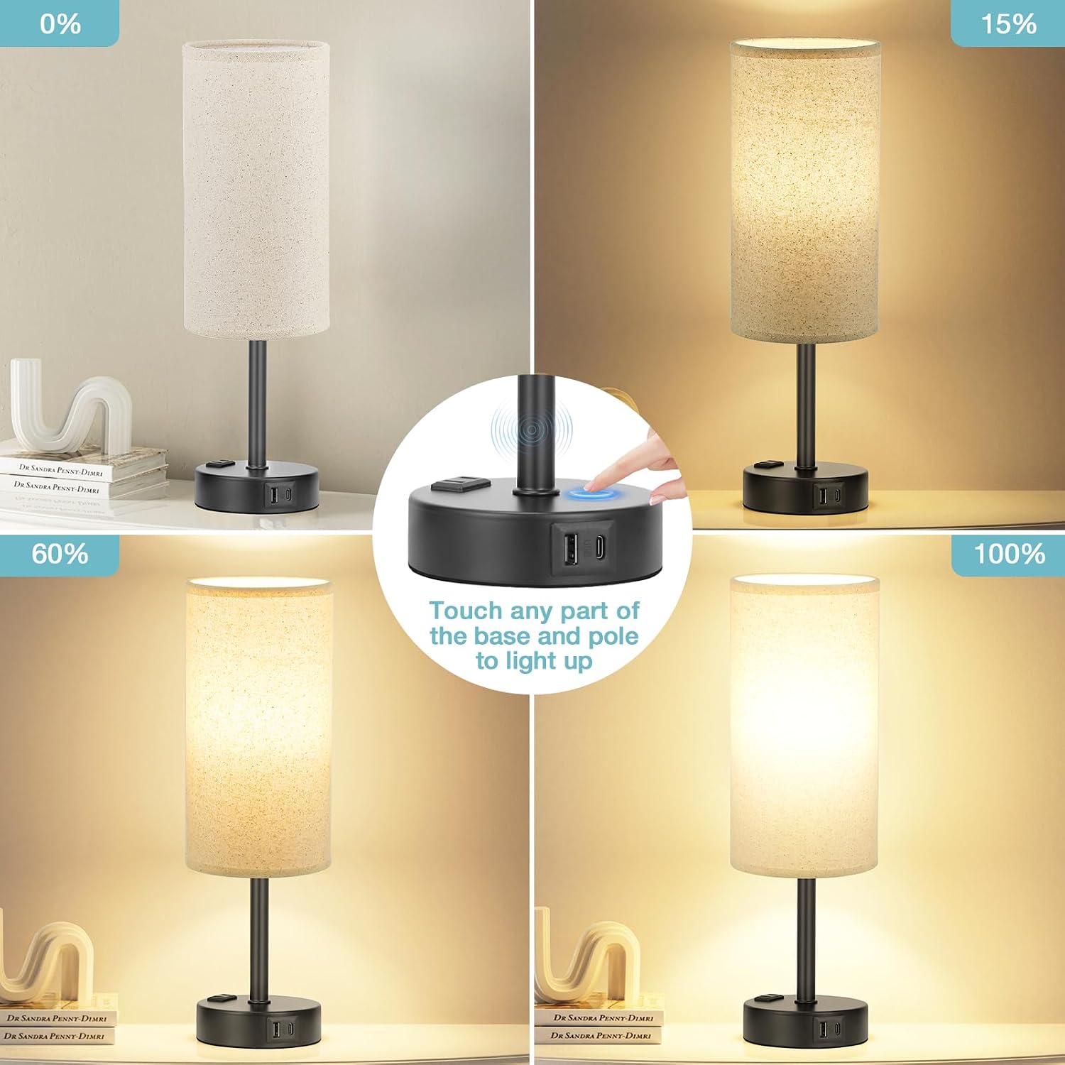 Fenmzee Beige Touch Table Lamp for Bedroom - 3 Way Dimmable Bedside Lamp USB C Charging Ports and AC Outlet, Small Lamp with Fabric Shade…