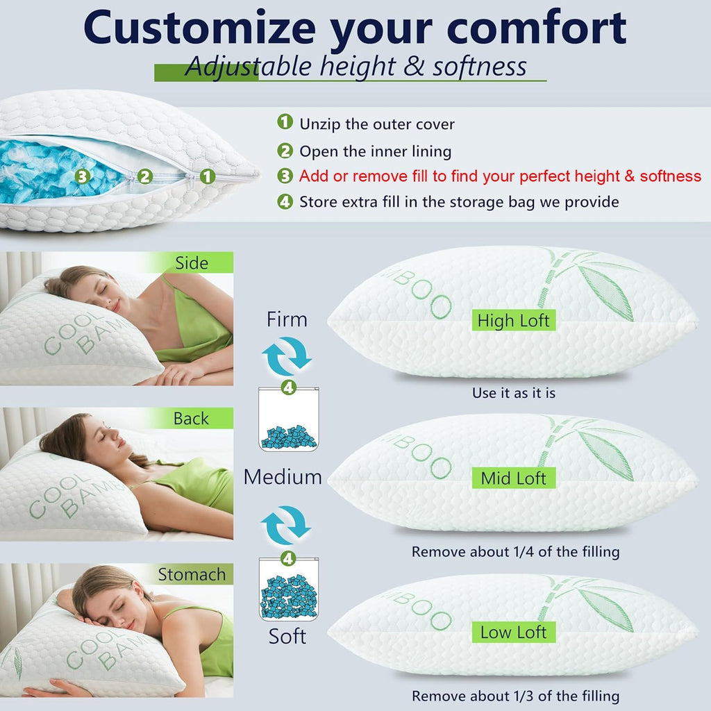 DGPEAR Memory Foam Pillows, Cooling Pillows Queen Size Set of 2 Adjustable Firm Bamboo Bed Pillows for Hot, Side, Back and Stomach S…