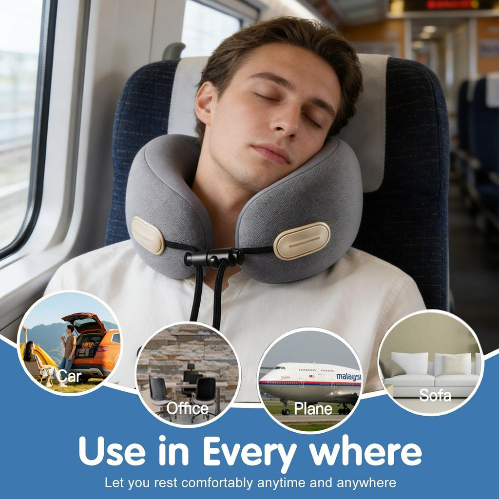 Ziurfys Travel Neck Pillow with Storage Case, 100% Pure Memory Foam, Airplane Head Support for Flight Sleeping, Portable, Gray Gray