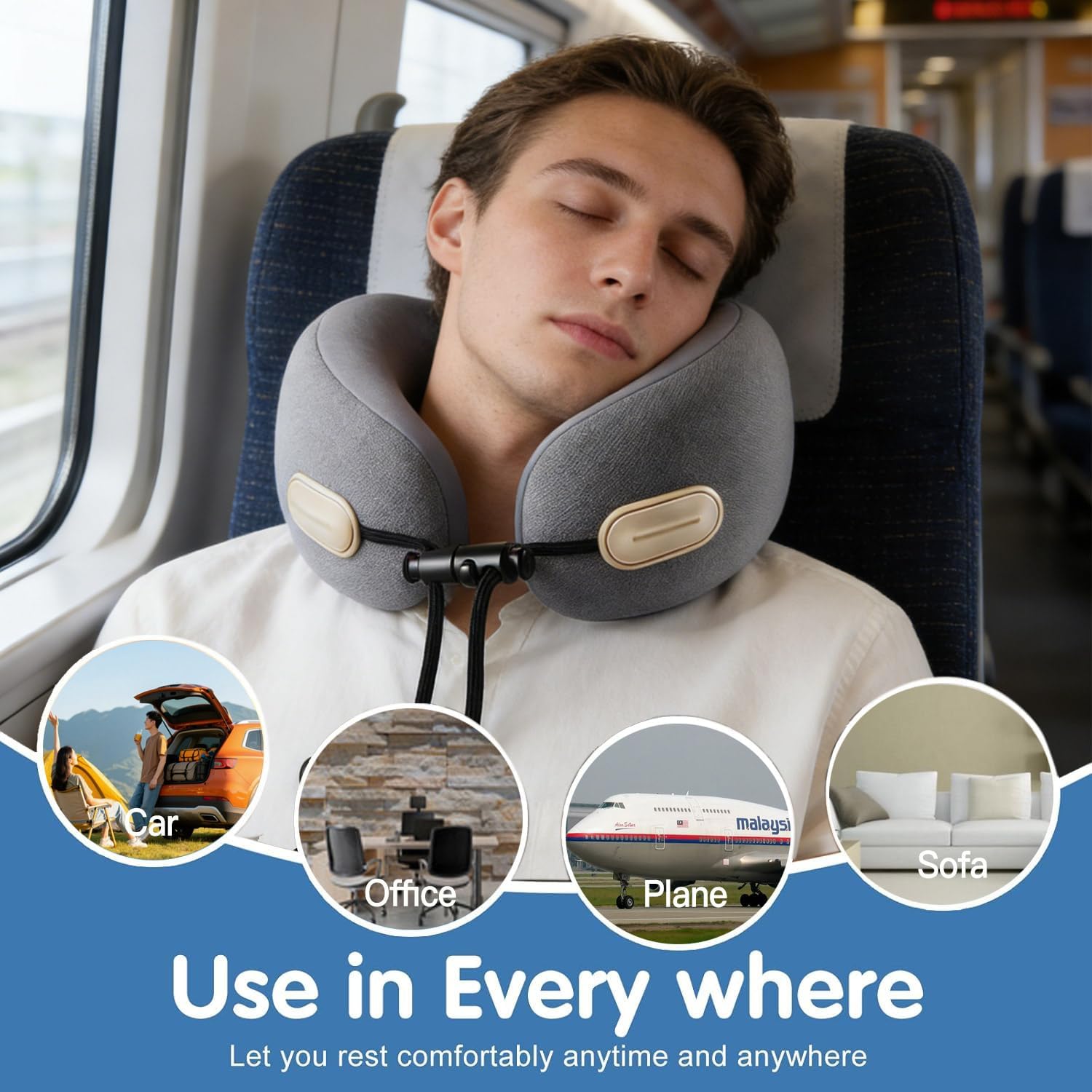 Ziurfys Travel Neck Pillow with Storage Case, 100% Pure Memory Foam, Airplane Head Support for Flight Sleeping, Portable, Gray Gray
