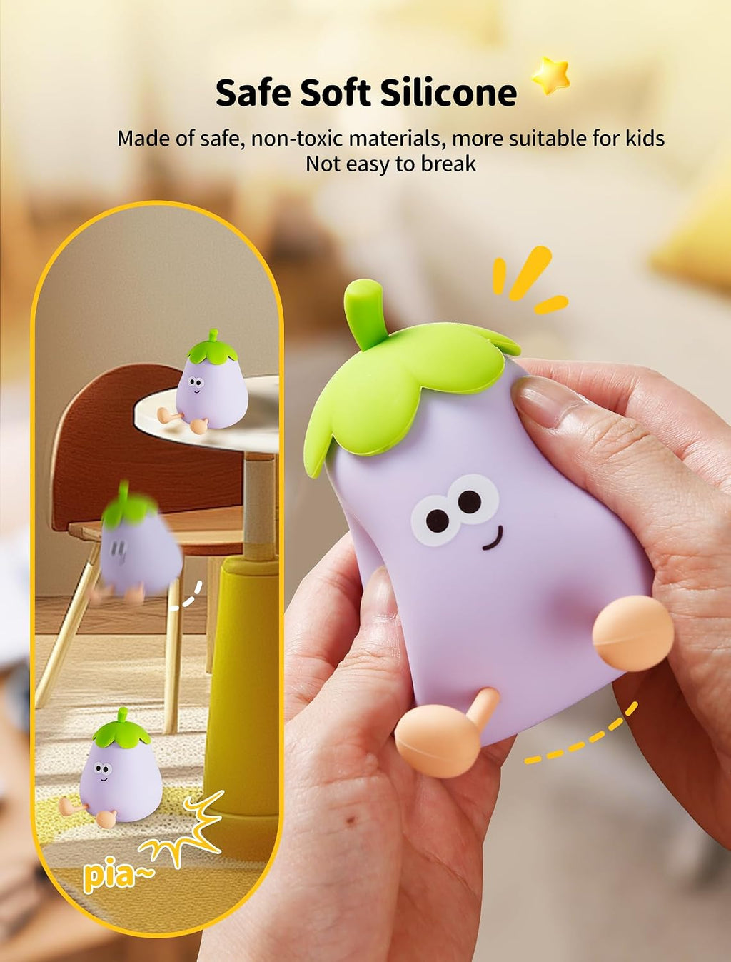 Eggplant Night Light for Kids, Cute Squishy Silicone Lamp, Rechargeable LED Nightlight, 3-Level Dimmable Bedside Lamp for Bedroom Kids…