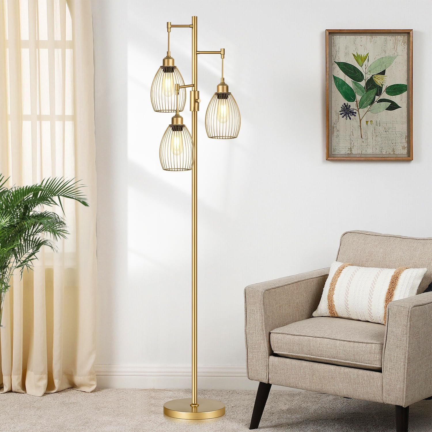 Dimmable Floor Lamp, Industrial Floor Lamps for Living Room, Gold Tree Lamp Standing Lamp Tall Lamps with 3 Elegant Teardrop Cage Head &…