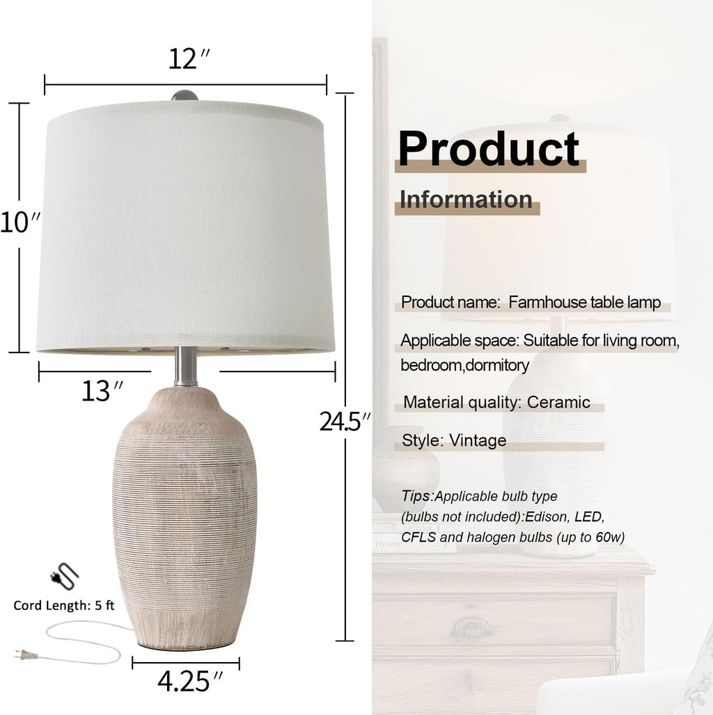 USumkky 24 inch Vintage Ceramic Table Lamp with 5FT Cord - Single Farmhouse Rustic Bedside Lamp with Natural Textured Finish, Nightstand…