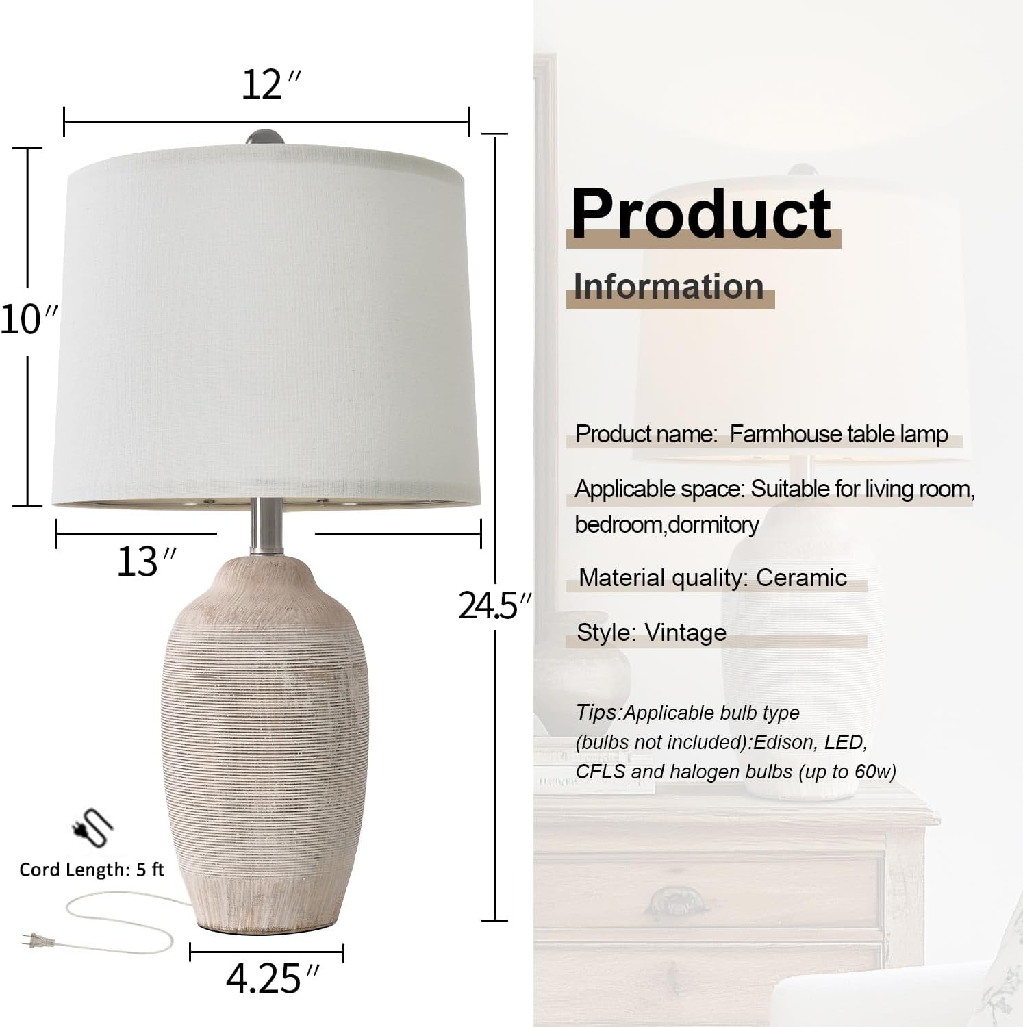USumkky 24 inch Vintage Ceramic Table Lamp with 5FT Cord - Single Farmhouse Rustic Bedside Lamp with Natural Textured Finish, Nightstand…