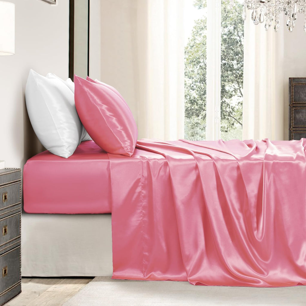 Golal Satin Sheets King Size - 4 Pieces Luxury Silky Soft Bed Sheets, Wrinkle-Free Pink Satin Silk Sheet Set with 1 Deep Pocket Fitted Shee…