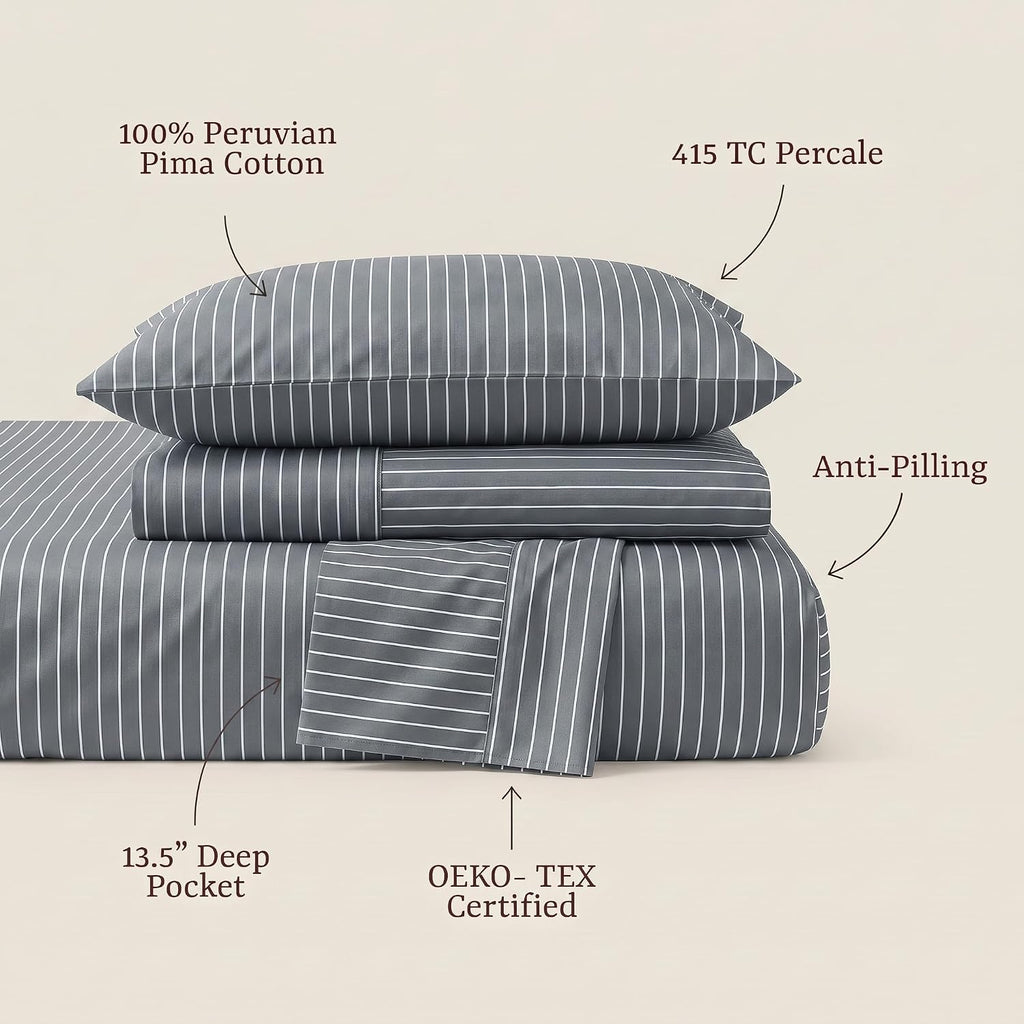 Perupima Peru Pima 415 Thread Count Percal King Sheet Set - 100% Peruvian Pima Cotton, 4 Piece (Flat, Fitted, 2 Pillowcases) - Cooling, Cri…