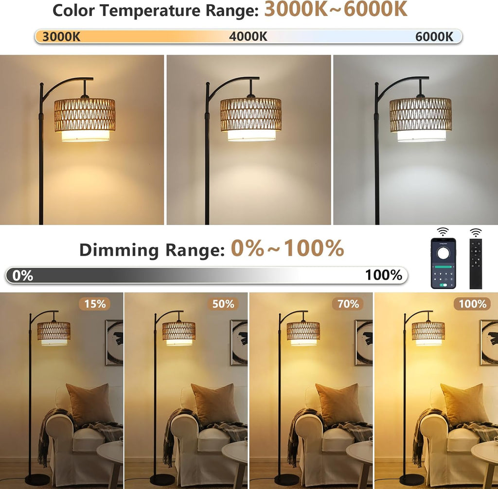 Arc Floor Lamp for Living Room with 3 Color Temperatures, Farmhouse Floor Lamps with Remote & Dimmable Bulb, Boho Standing Lamp with…
