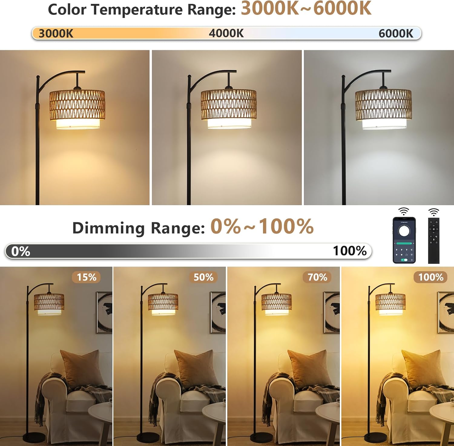 Arc Floor Lamp for Living Room with 3 Color Temperatures, Farmhouse Floor Lamps with Remote & Dimmable Bulb, Boho Standing Lamp with…