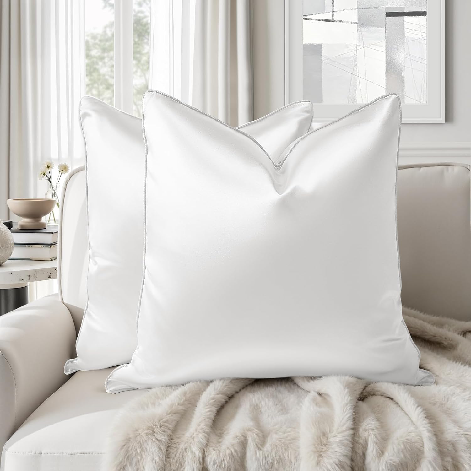 Homeideas White Decorative Throw Pillow Covers 24x24 Set of 2, Glossy Faux Silk Pillow Covers for Couch Sofa Bed Decor Luxury Summer Euro S…