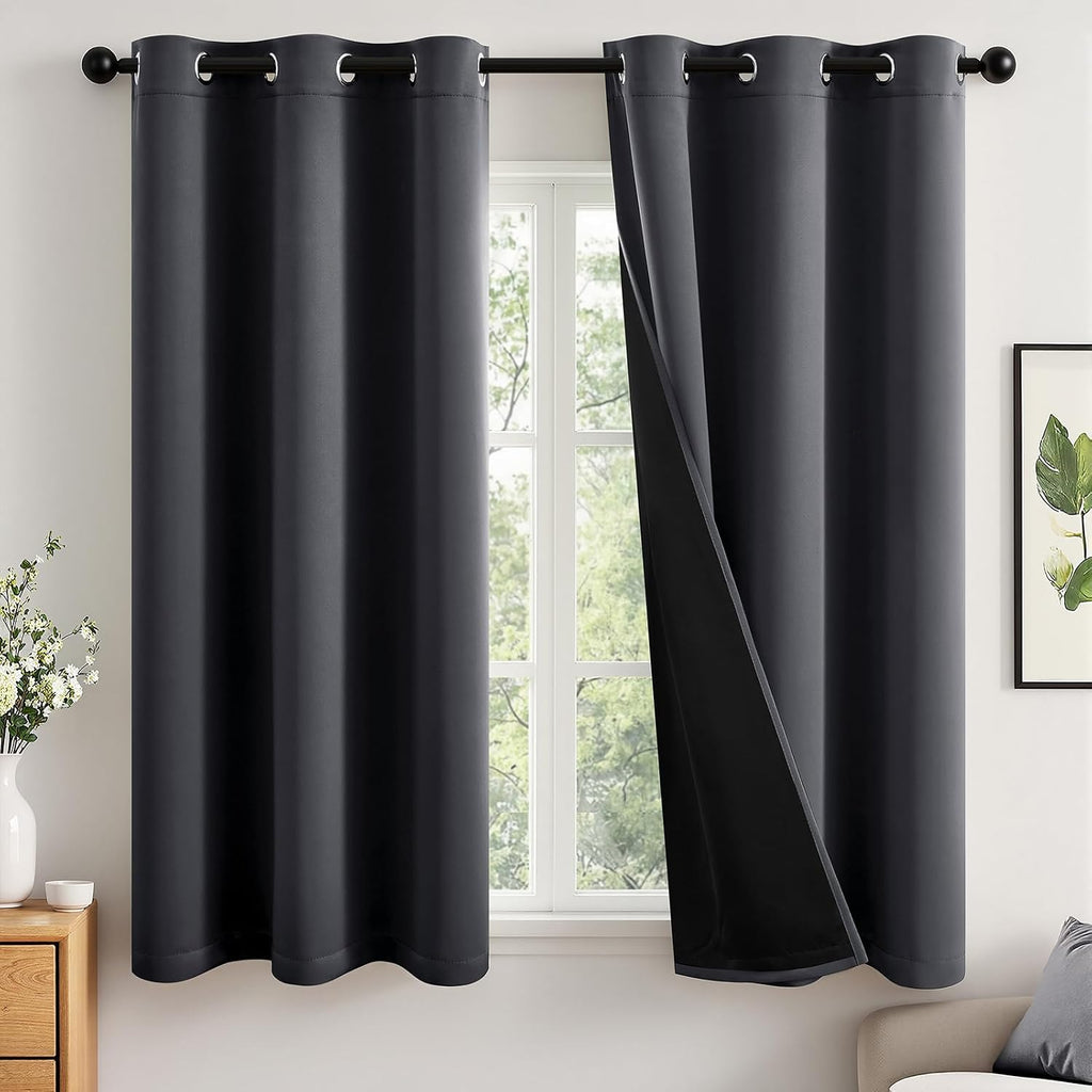 Miulee Grey 100% Blackout Curtains for Bedroom 45 Inch Length, 2 Thick Layers Thermal Insulated Short Window Curtains with Black Liner, Noi…