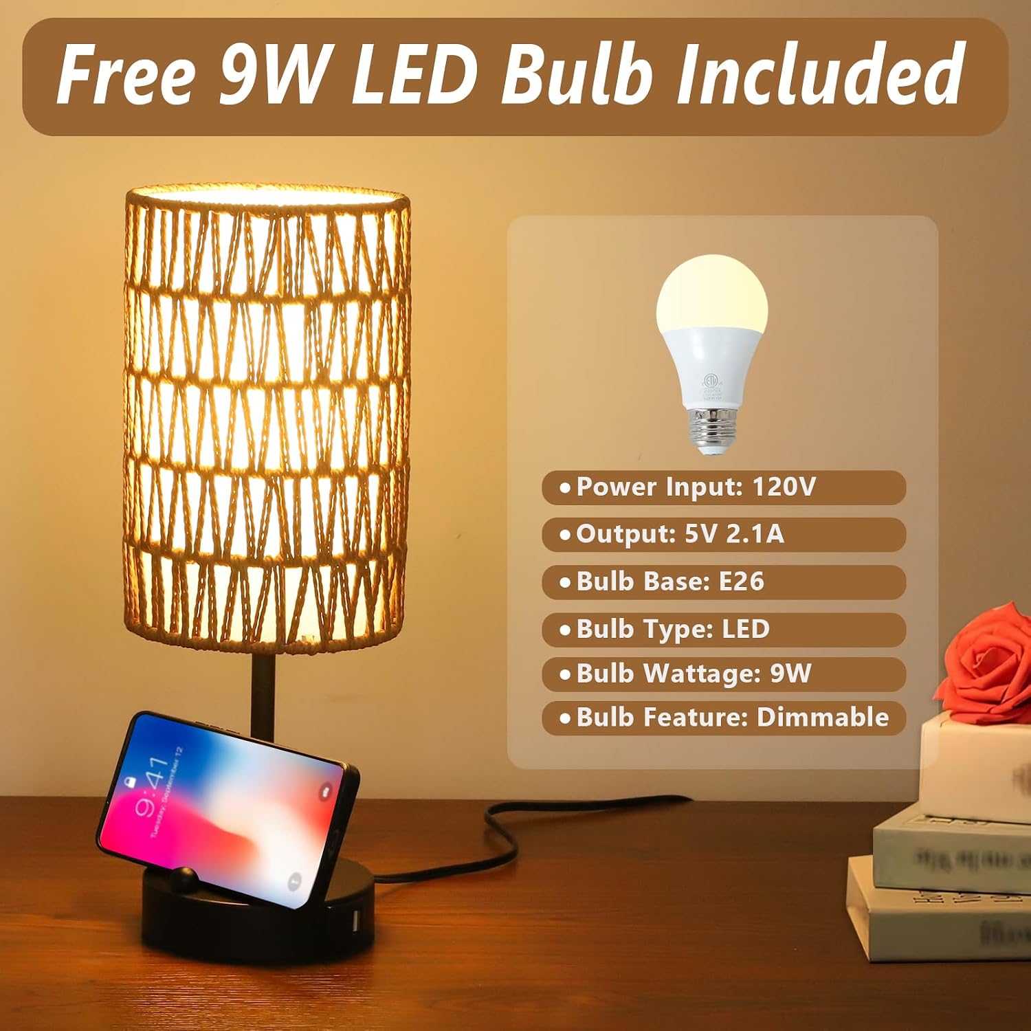 Touch Table Lamp Set of 2 For Bedroom with Bulb, Boho Small Desk Lamp For Living Room With Rattan & Linen Shade, 3 Way Dimmable Bedside…