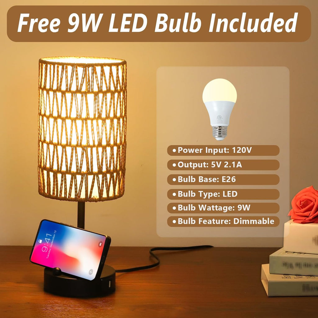 Touch Table Lamp For Bedroom with Bulb, Boho Small Desk Lamp For Living Room With Rattan & Linen Shade, 3 Way Dimmable Bedside Table Lamp…