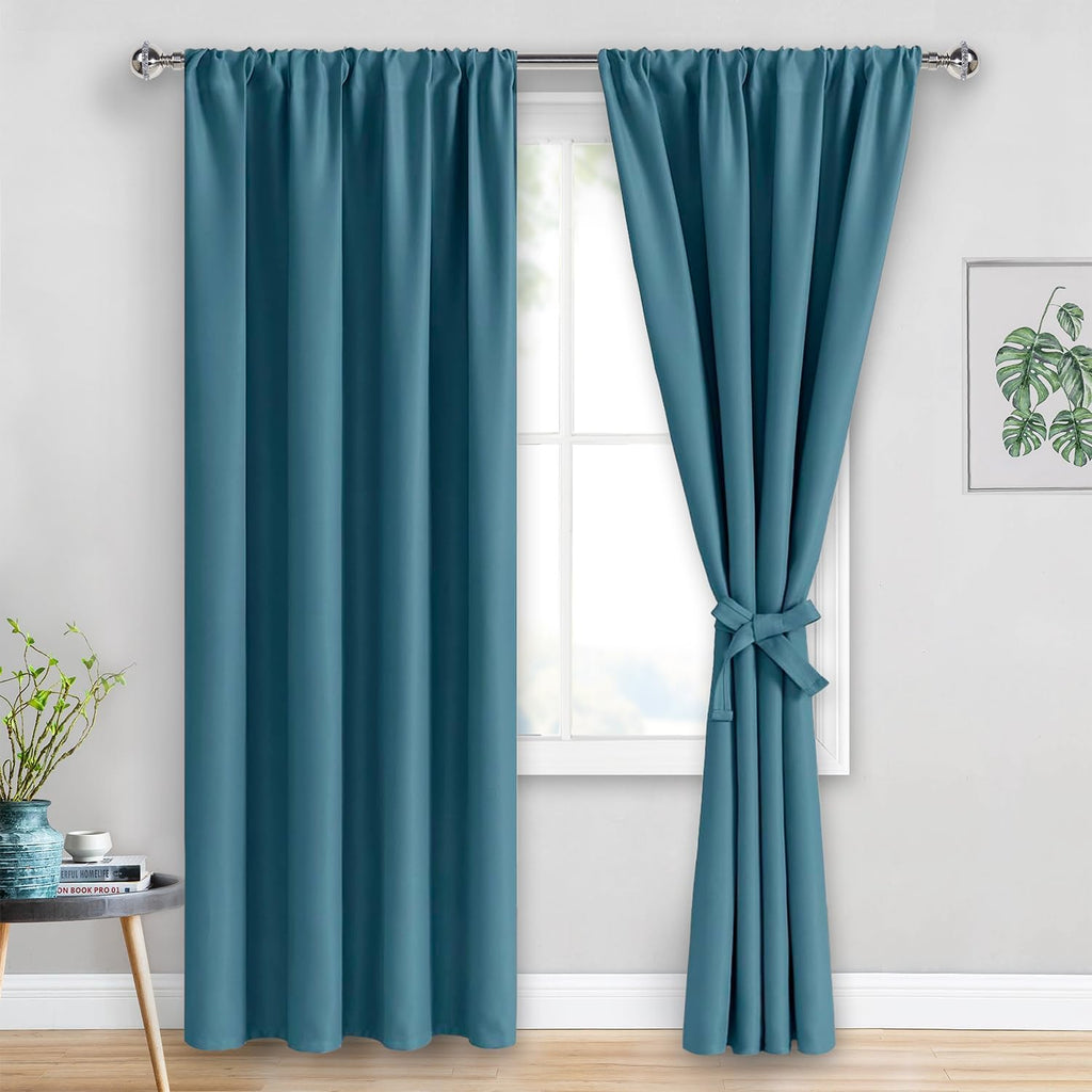 Jiuzhen Blackout Curtains for Bedroom - Thermal Insulated Room Darkening Rod Pocket Curtains for Living Room, Set of 2 Panels with Tiebacks…