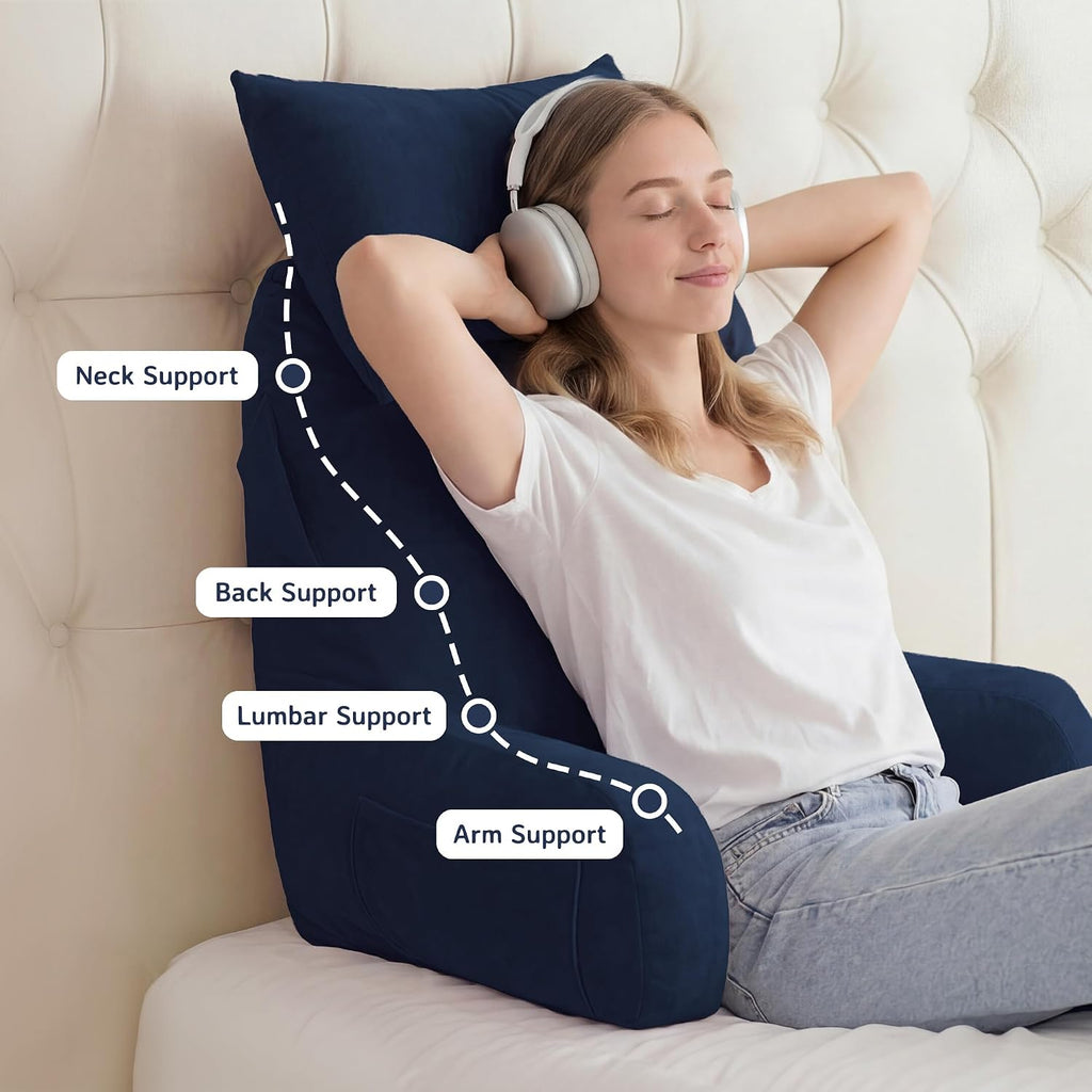 Unisakey Portable Reading Pillows with Headrest for Bed Sitting Up(Royal Blue Oeko-Tex), Velvet Back Pillow with Arms & Pockets for…