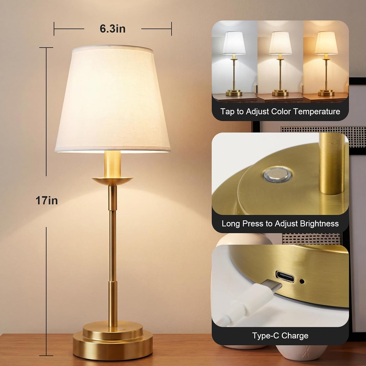Table Lamps, Rechargeable Cordless Lamp with 6000mAh Battery Operated, 3 Colors Stepless Dimming LED Adjustable Wireless Lamp for…