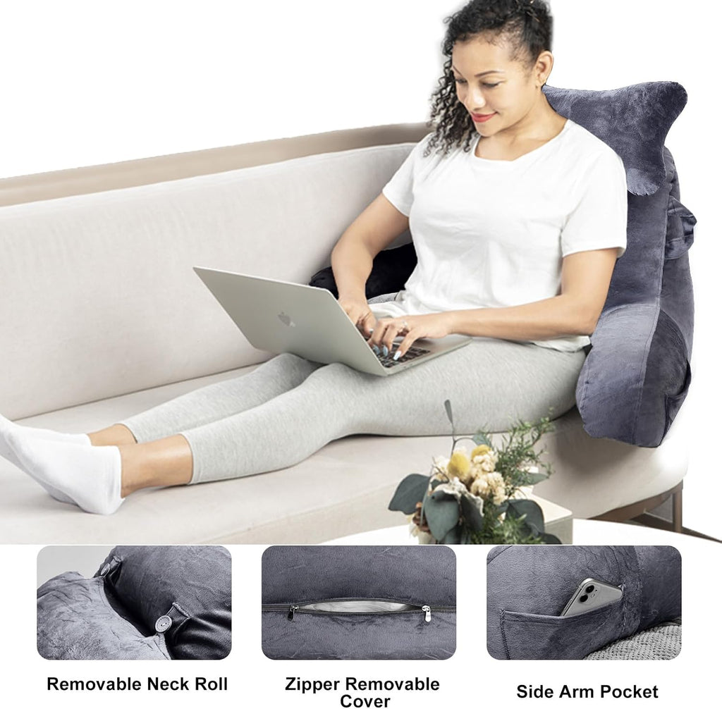 SLIGUY Reading Pillow for Sitting in Bed Couch Adult, Back Pillow with arm Support and Pockets, Adult Back Pillow Bed Chair for Bed Rest…