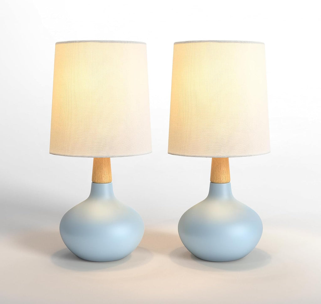 14" Ceramic Table Lamp Set of 2, Small Bedside Lamp with Natural Wood Stem & Linen Shade, Modern Farmhouse Night Lamp for Bedroom Living…
