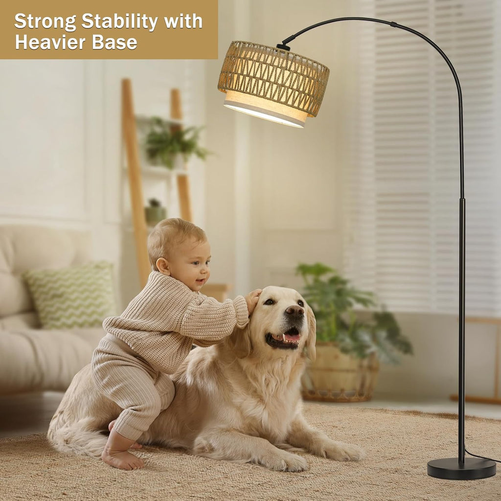 Rattan Floor Lamp, Dimmable Arc Floor Lamps for Living Room, Boho Farmhouse Standing Lamp with Adjustable Head, Tall Pole Lamp Reading…
