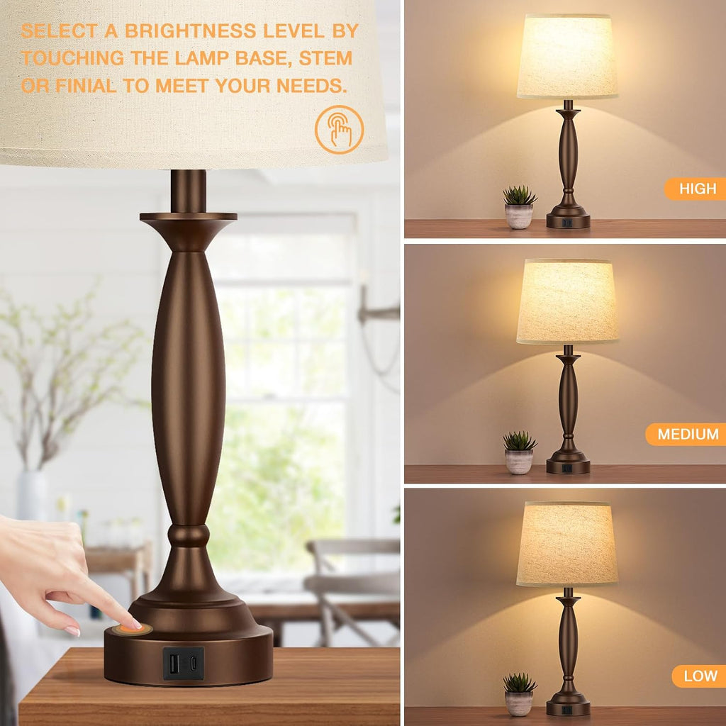 Seealle Beige Brown Lamps for Bedrooms Set of 2 - Touch Control Bedside Lamp with USB C+A, 3 Way Dimmable Nightstand Lamps with USB Port…