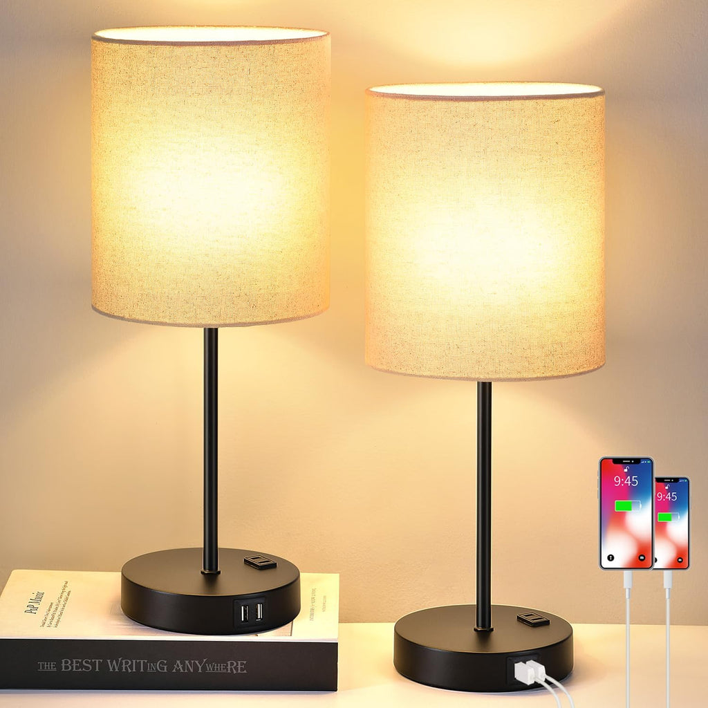 Lynnoland Set of 2 Touch Beige Table Lamps with 2 USB Ports & AC Outlet, 3-Way Dimmable Bedside Nightstand Lamps for Living Room Nursery…