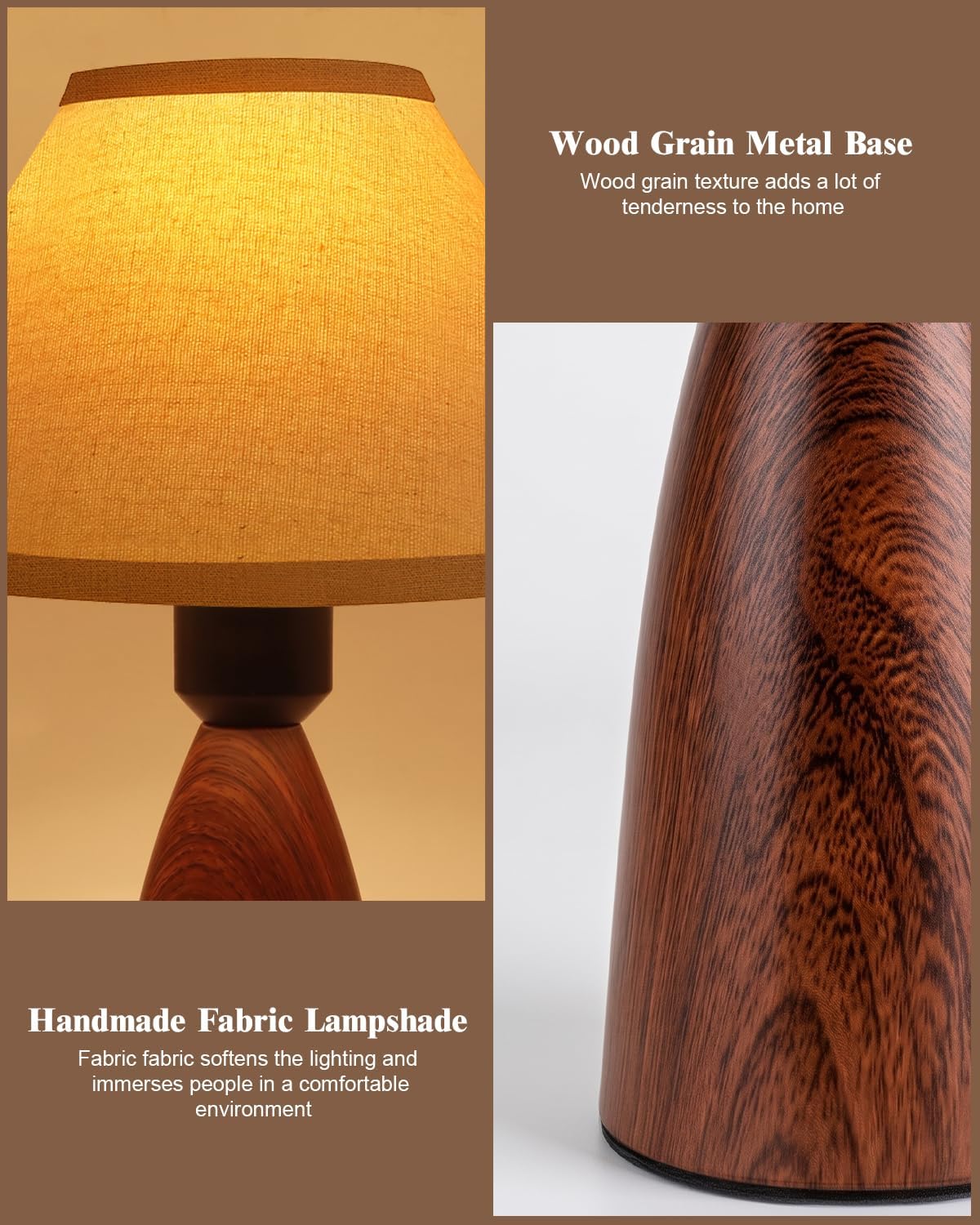 Nusogon 14.3" Touch Table Lamp for Bedroom & Living Room, 3-Way Dimmable Small Bedside Lamp with Fabric Shade & Wood Grain Base, Farmhouse…