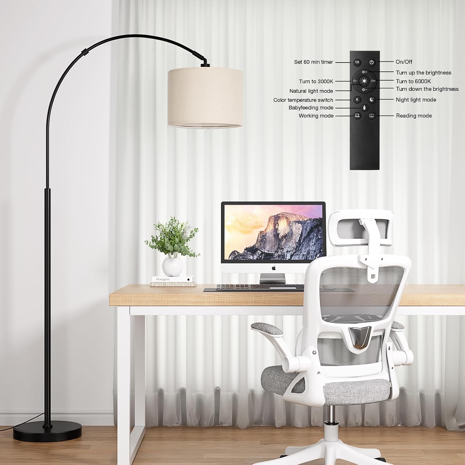 Ambimall 70 Dimmable Arc Floor Lamp with Remote, Color Temperatures and Brightness Adjustable, Arched Floor Lamp with Rotating Head, Over…