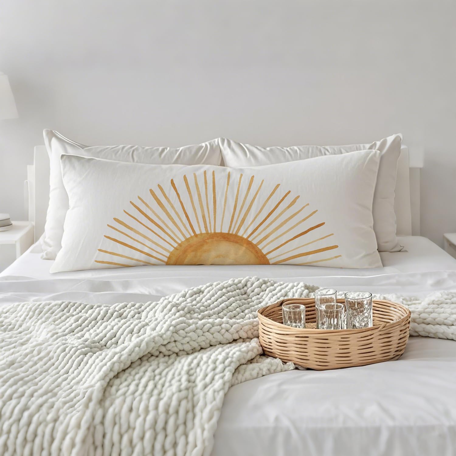 Boho Sun Sunset Sunrise 20x54 Body Pillow Cover, Boho Sunshine Nursery Decor, Minimalist Watercolor Horizontal Sun Sunshine Decorative…