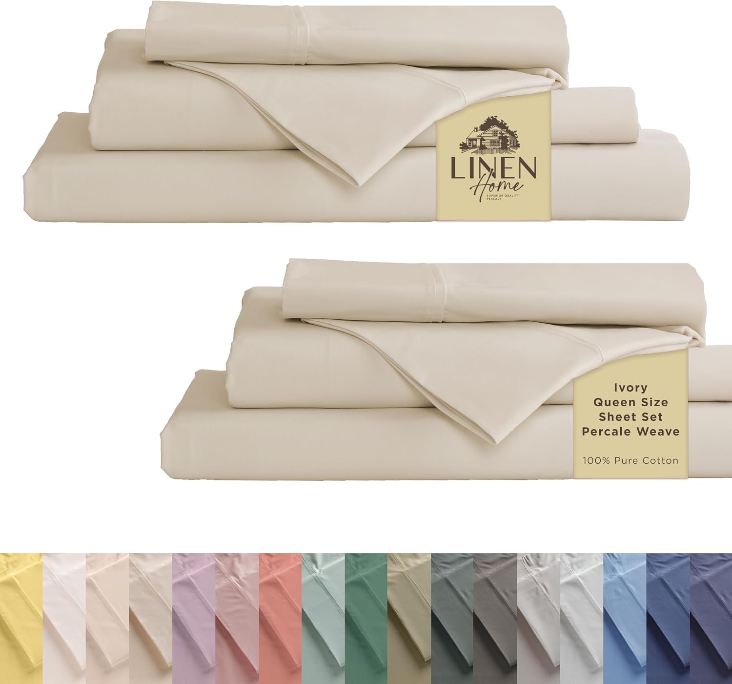 Linenhome Linen Home 2-Pack Queen Sheet Set, 100% Cotton Percale Bedding, 8-Piece Value Bundle, Deep Pocket Cooling Bed Sheets for Hot Slee…