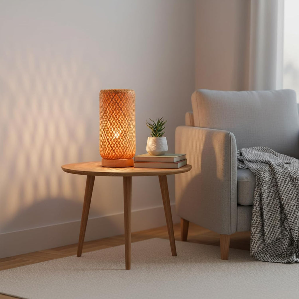 Arturesthome Bamboo Desk Light Woven Boho Beside Lamp Vintage Wicker Wooden Nightstand Lamp for Living Room, Kids Room, Nursery Room Decor