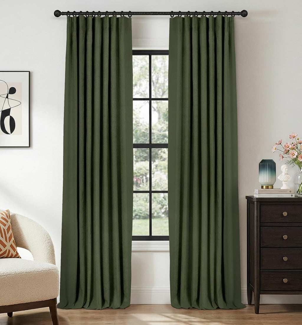 INOVADAY 100% Blackout Curtains for Bedroom, Black Out Curtains 90 Inch Long, Clip Rings Linen Blackout Drapes, Thermal Insulated Room…