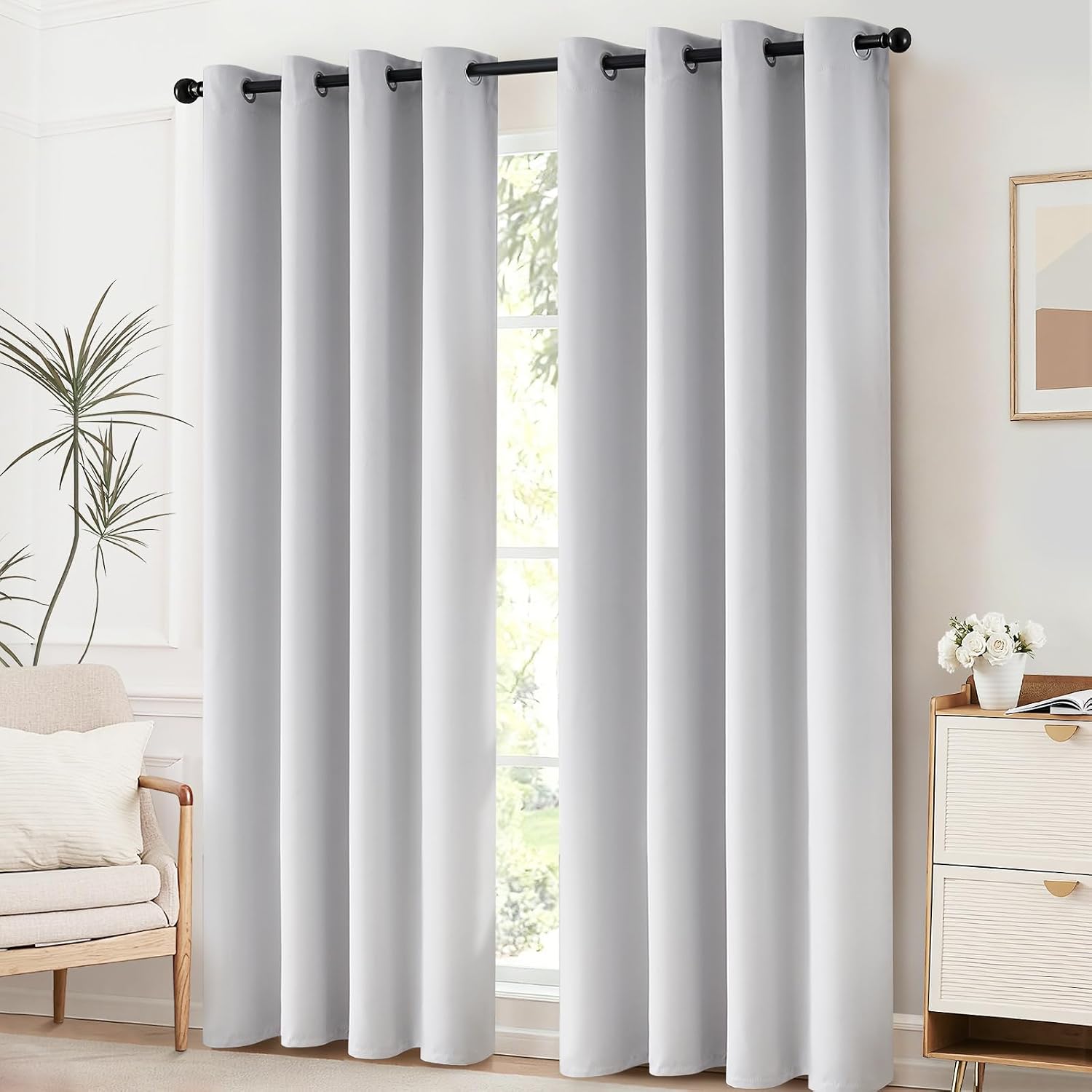 Yakamok Room Darkening Thermal Insulated Grommet Small Curtain Bonus 2 Tie Backs Included, Set of 2, Greyish White,52" Wide x 63" Long
