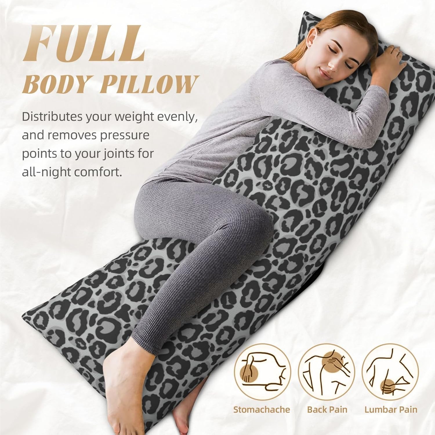 Sovvin Grey Leopard Print Body Pillow Cover Long Pillow Case with Zipper Decorative Soft Cushion Bedding Pillowcase for Couch Bedroo…