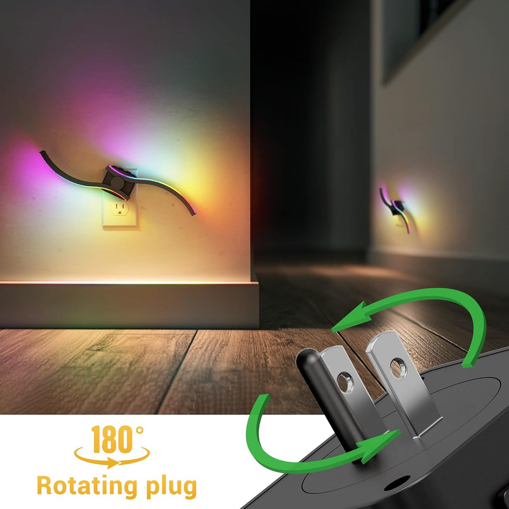 L LOHAS LED Night Light, 2 Pack Night Lights Plug into Wall, Modern Nightlight with Dusk to Dawn Sensor, 3000K & RBG Dimmable Wave Plug…