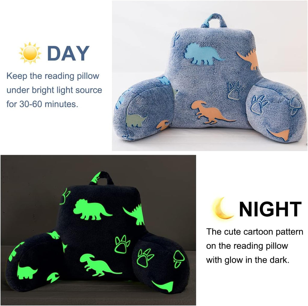 Holawakaka Glow in The Dark Reading Pillow for Sitting up in Bed Sofa Kids Teens, Luminous Dinosaurs Backrest Pillow with Arms, Boys…