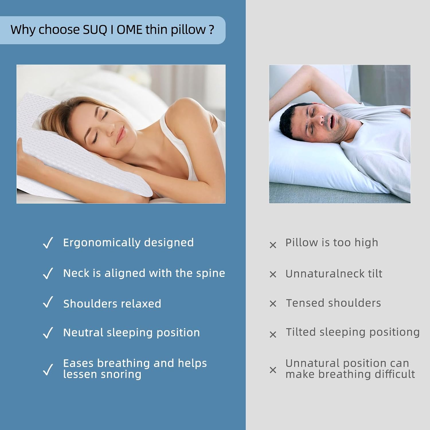 Suqiome SUQ I OME Sleeper - Cooling Gel Thin Flat Memory Foam Pillow for Bed Sleeping, Low Profile, Ultra Thin Flat Pillow for Stomach…
